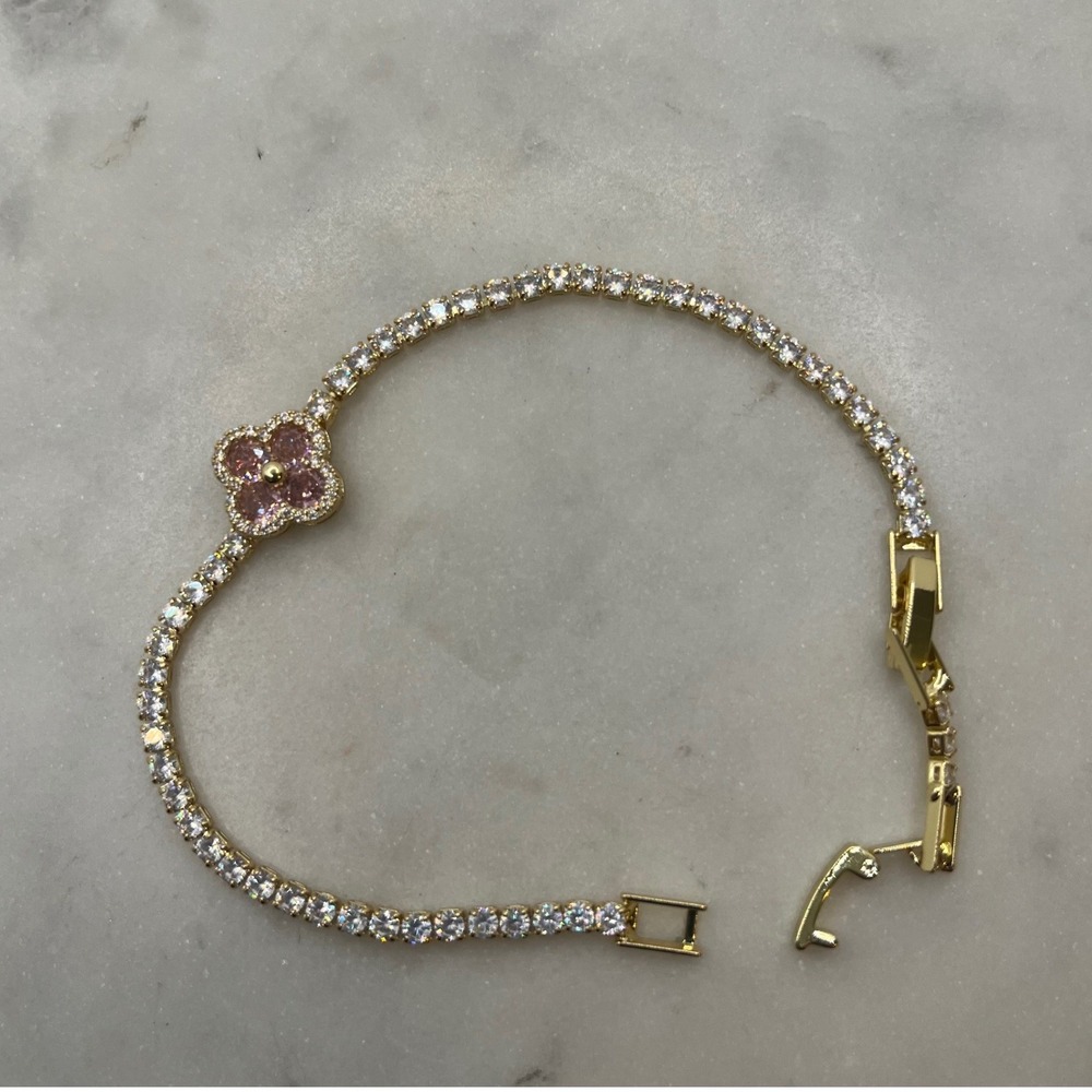 Pink Clover Pave Tennis Bracelet Adina Eden 14K Gold Plate Rhinestone CZ Jewelry - Picture 2 of 5